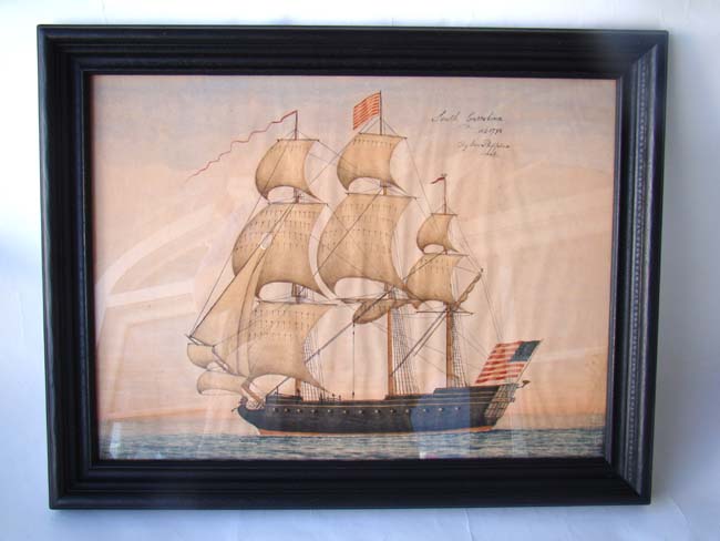 A beautiful watercolor painting of an 18th century ship signed "South Carolina, AB 1793, by Jan Phippine."
